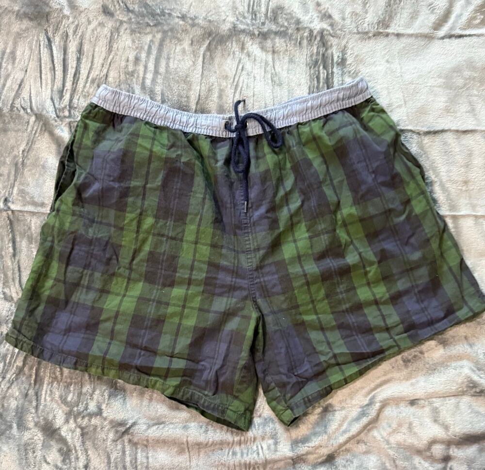 Bowen & Wright Casual Wear Blue Green Trartan Plaid Cotton Swim Trunks Shorts L